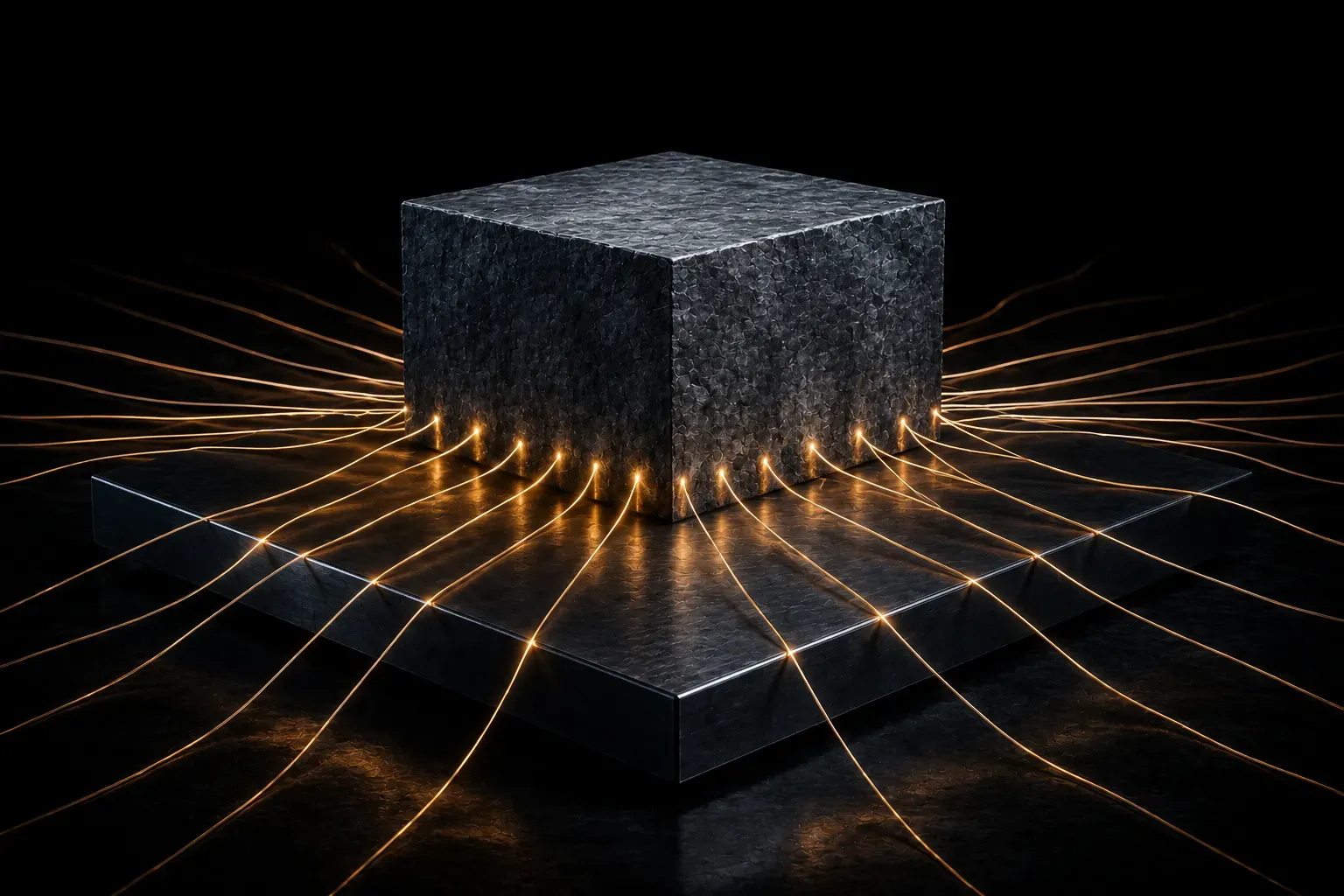 One heavy stone block on a steel platform with dozens of thin glowing threads running out of it