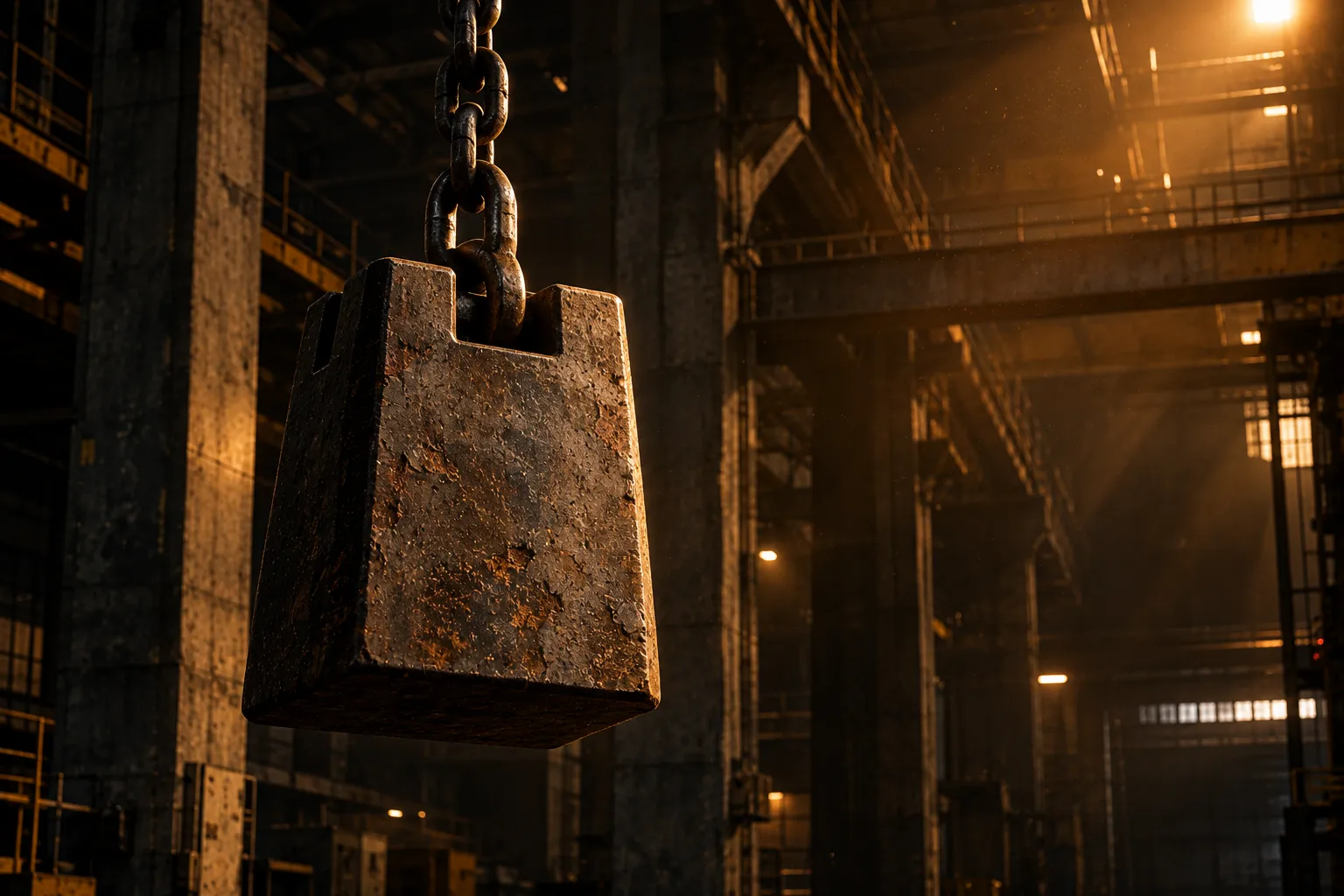 A massive plain cast-iron counterweight hanging still on a steel chain in a dark industrial hall, raked by one warm amber light from the right.