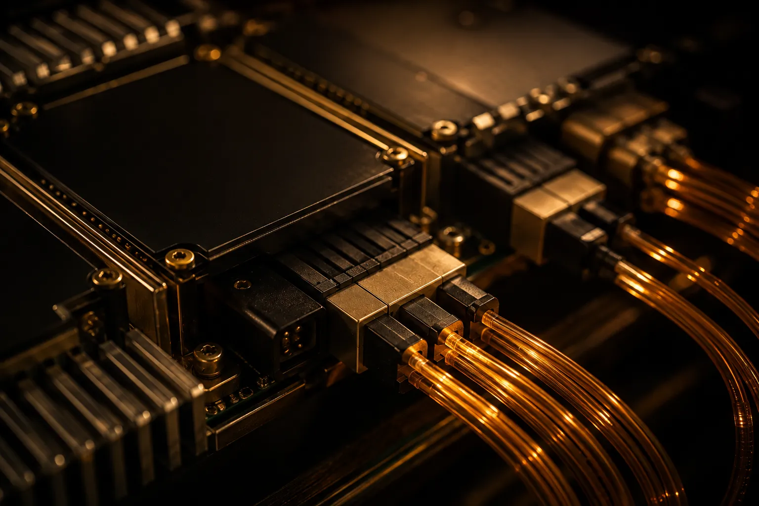 Interlocked electronic modules with blank circuit boards and amber fibre-optic cables in warm light against deep shadow