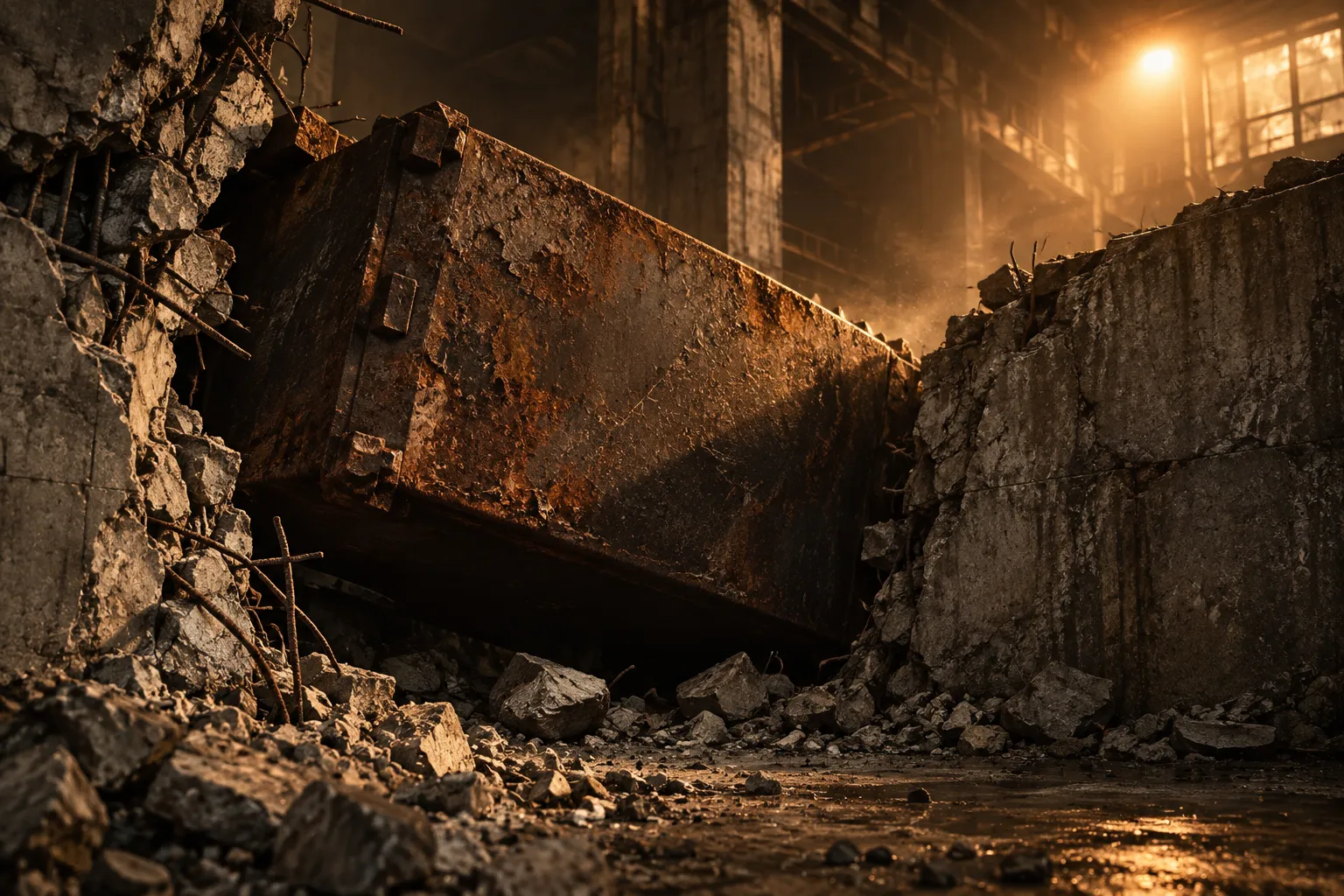 A rusted steel industrial block wedged among broken concrete slabs in a derelict hall, lit by a single warm amber lamp high in the background.