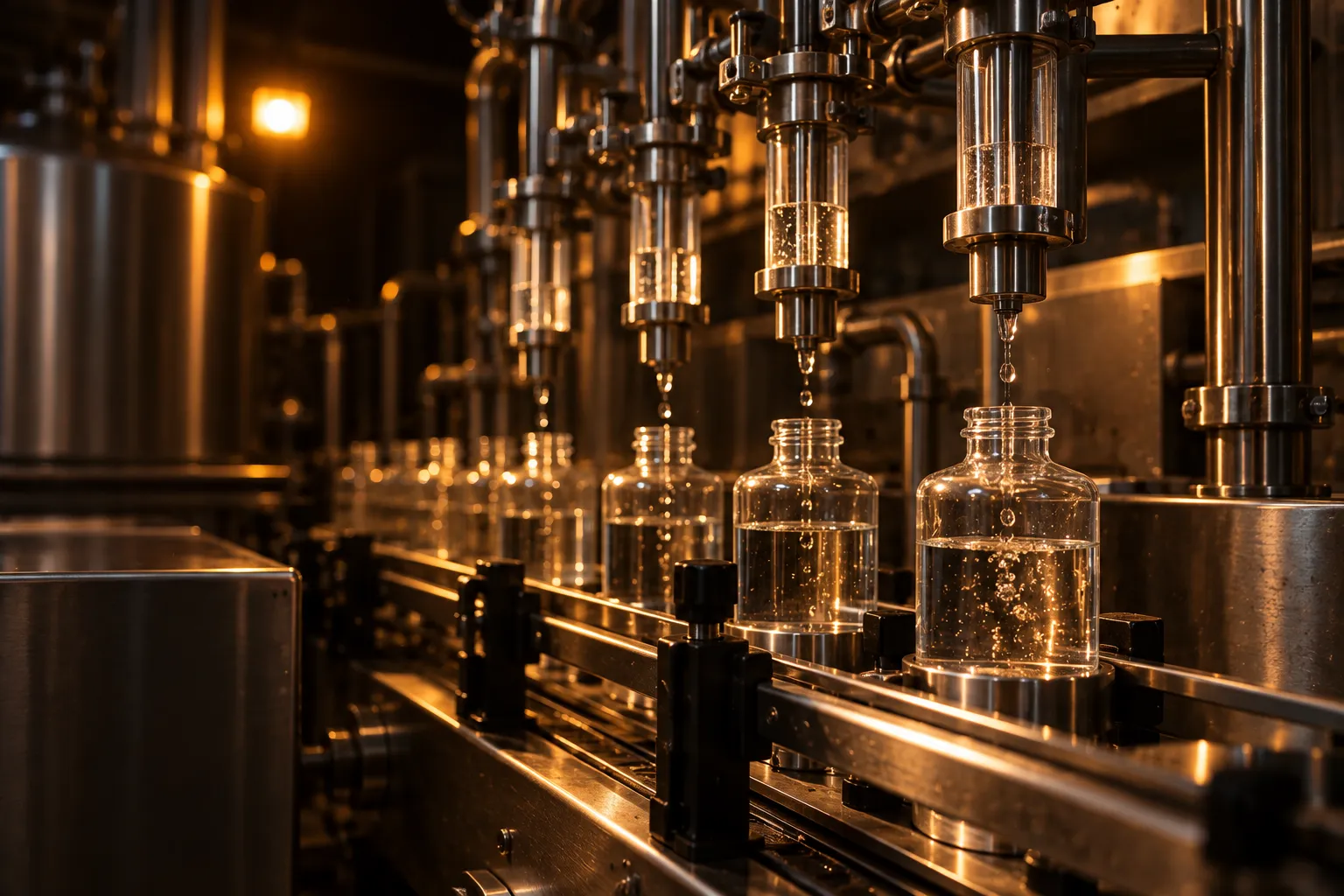 A high-precision industrial liquid filling line with unmarked glass reservoirs and steel conduits, lit by one warm amber spotlight.