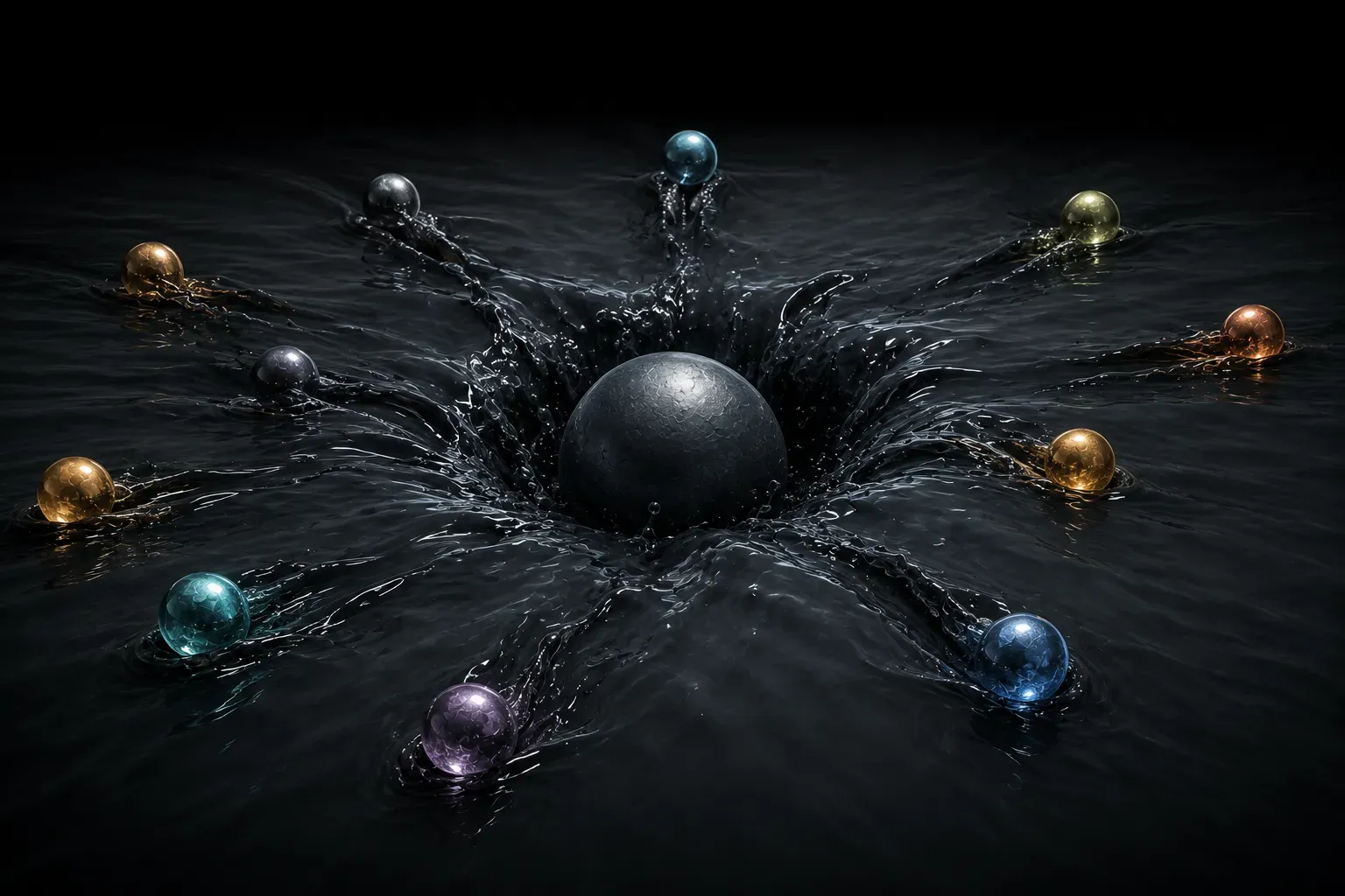 One large sphere sinking through dark liquid while a dozen smaller ones scatter sideways