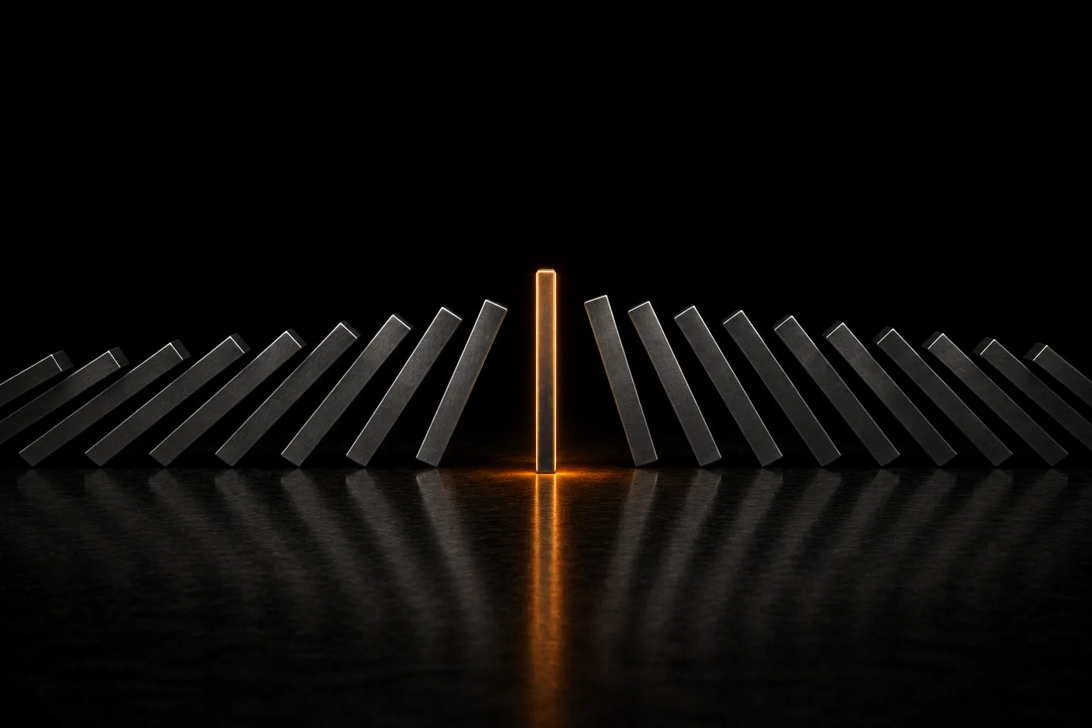 A row of dark steel plates fallen away to either side, with one still standing upright and rimmed in warm light.