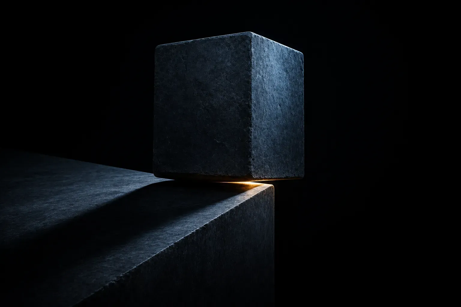 A massive stone block resting exactly on the edge of a dark incline, neither falling nor returning