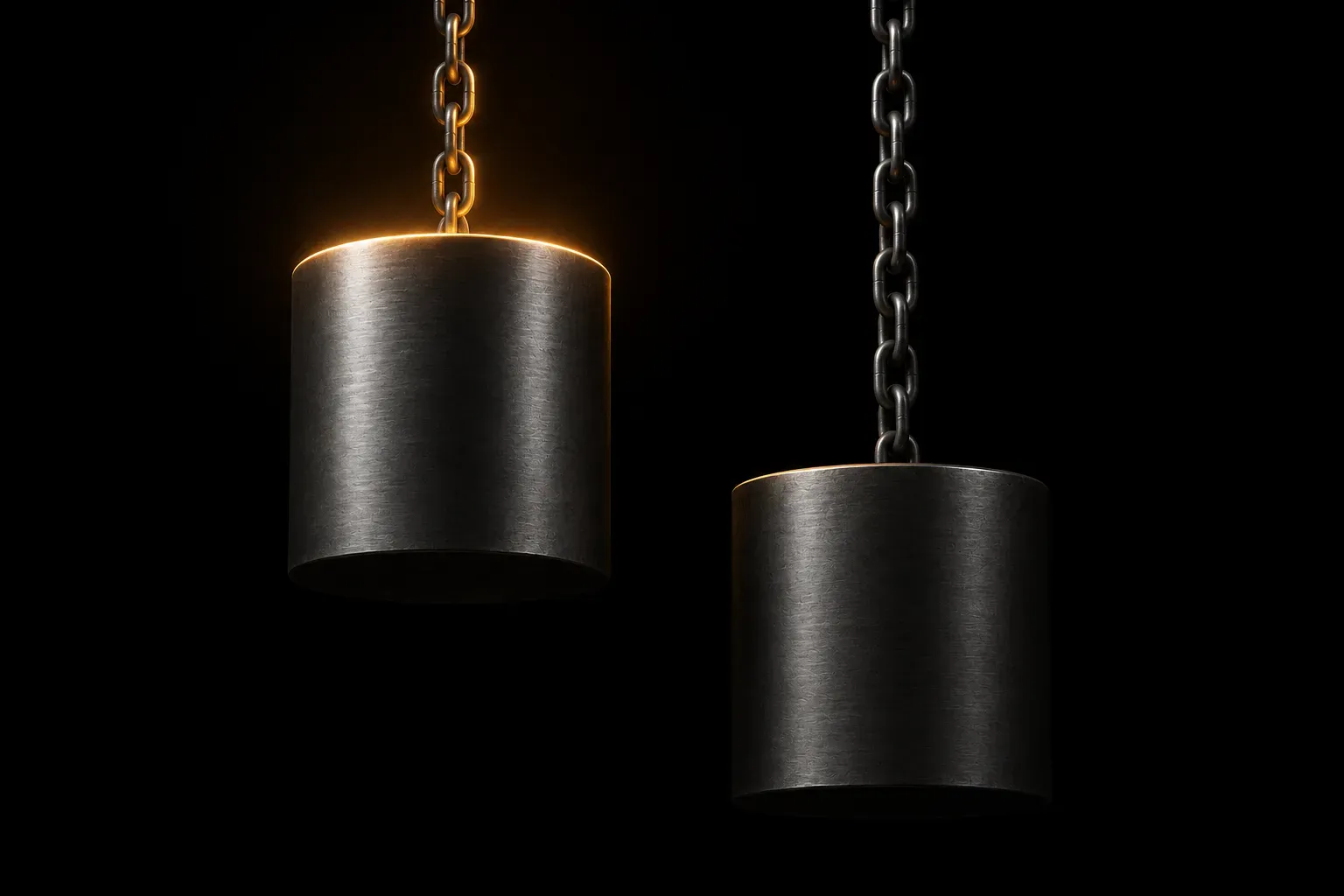 Two heavy steel counterweights hanging on chains in darkness, the left one risen higher and rimmed with warm light.