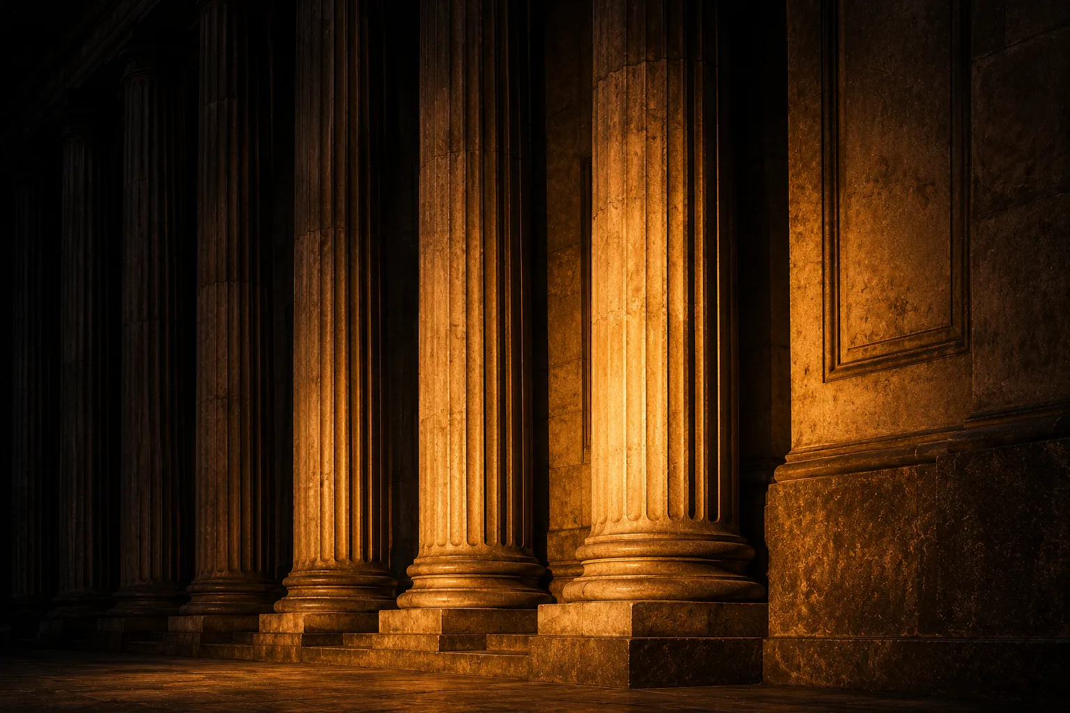 A monumental classical stone colonnade with bare unlettered stone, half lit by a single warm amber light and half in deep shadow