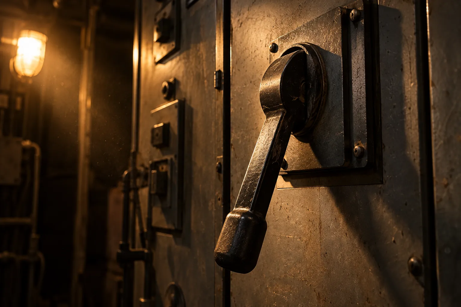 A heavy industrial circuit breaker lever pulled down on a dark switchgear panel, lit by a single warm amber source.