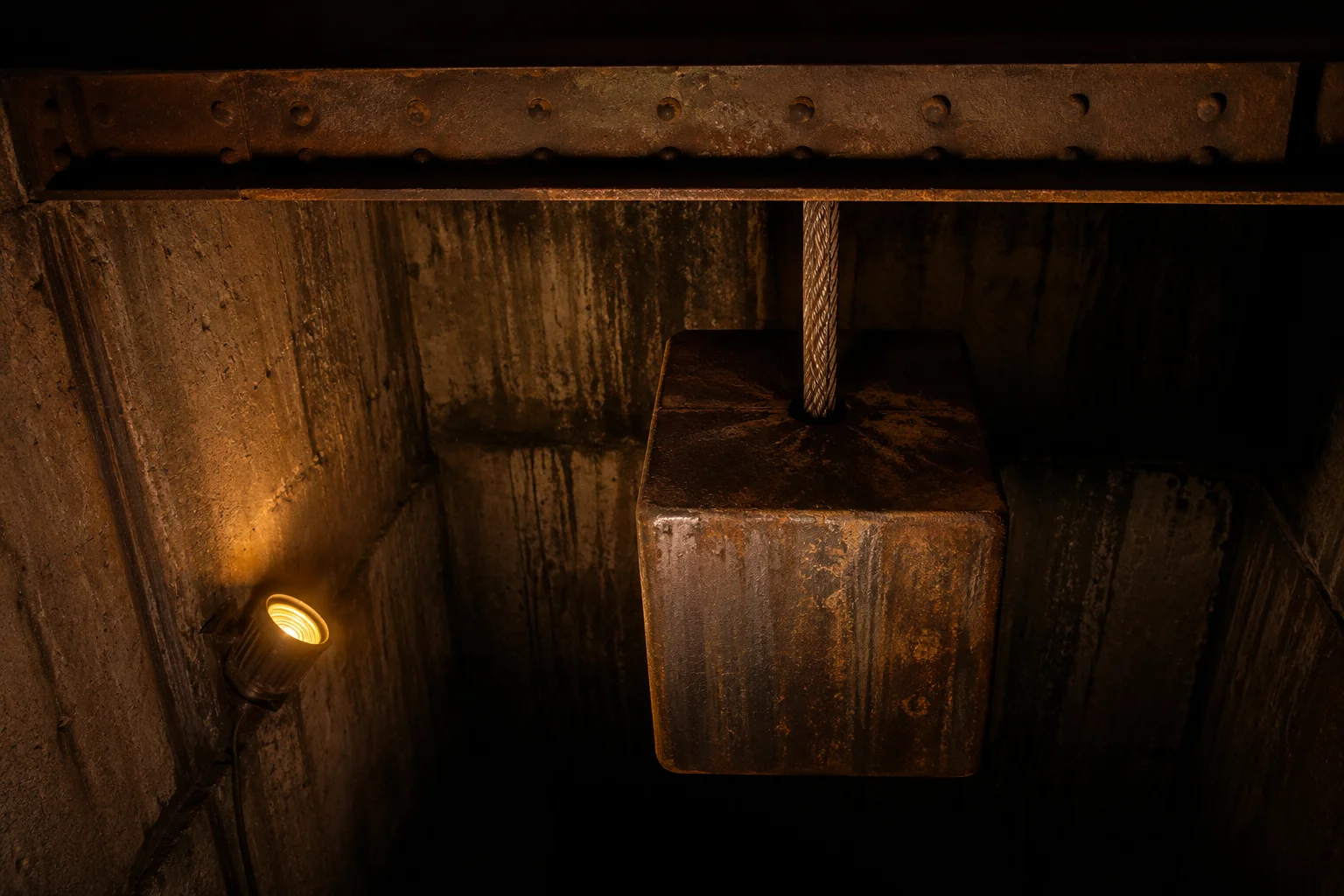 A rusted steel counterweight hanging from a cable, pressed up against the underside of a riveted steel beam in a dim industrial shaft, lit by a single amber lamp.