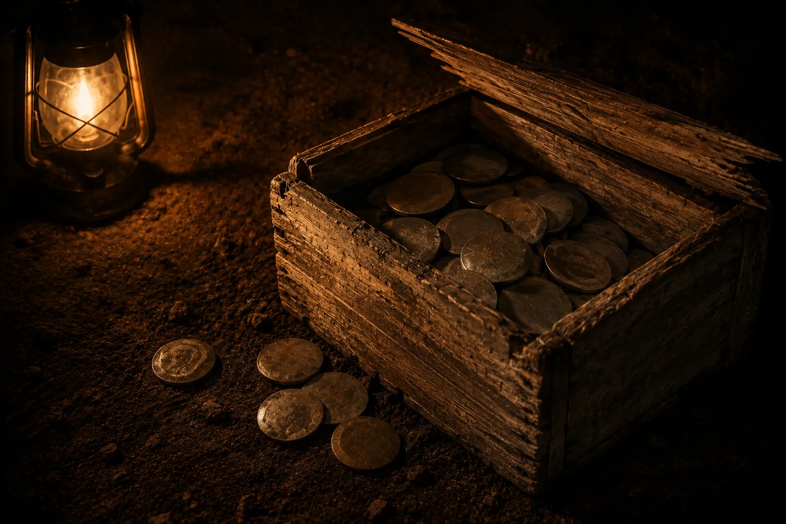 A weathered wooden crate part-open on dark earth with worn featureless metal discs inside and scattered around, lit by one amber lantern