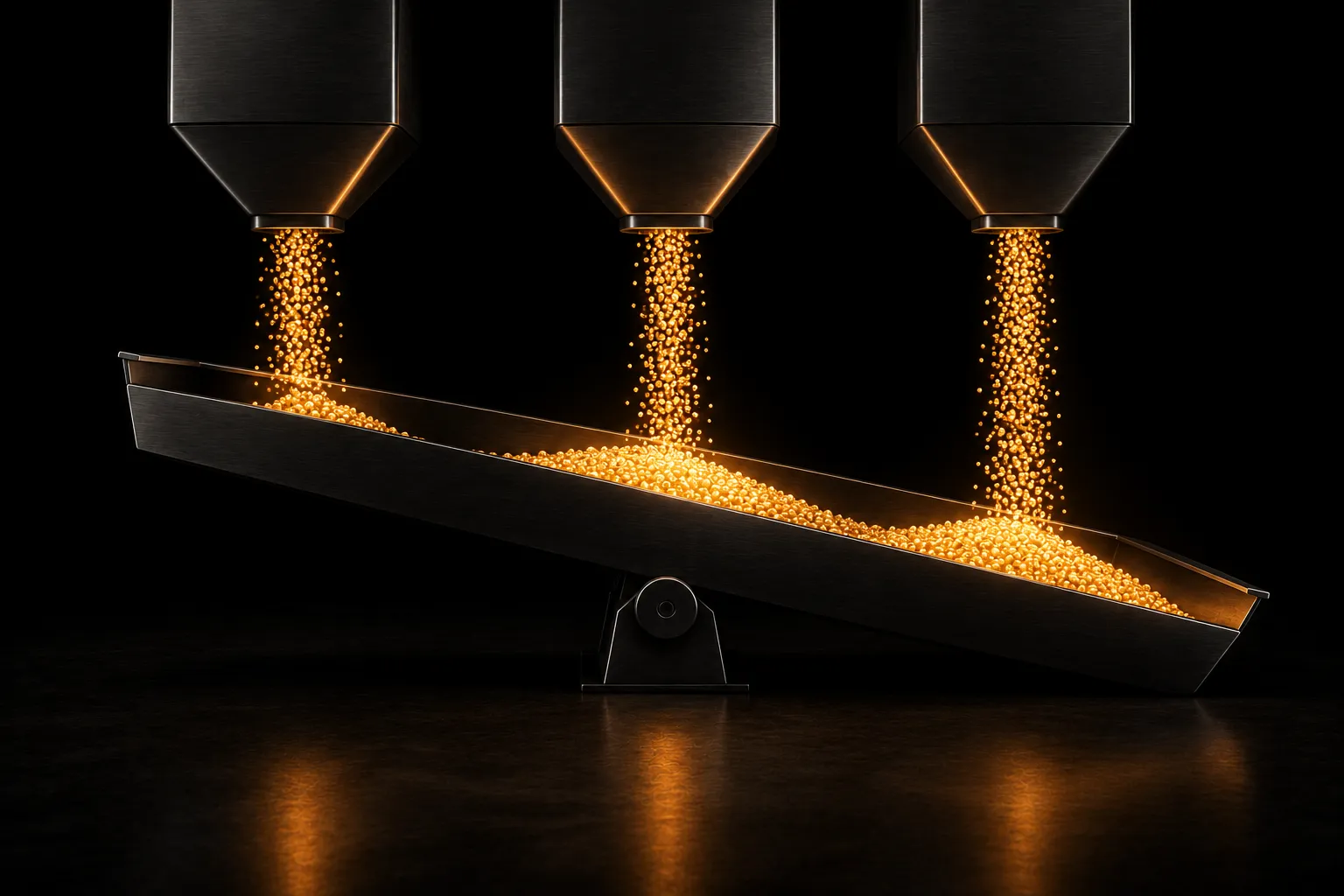 Three steel hoppers pouring streams of glowing pellets onto a wide pan that is tilting under the weight.