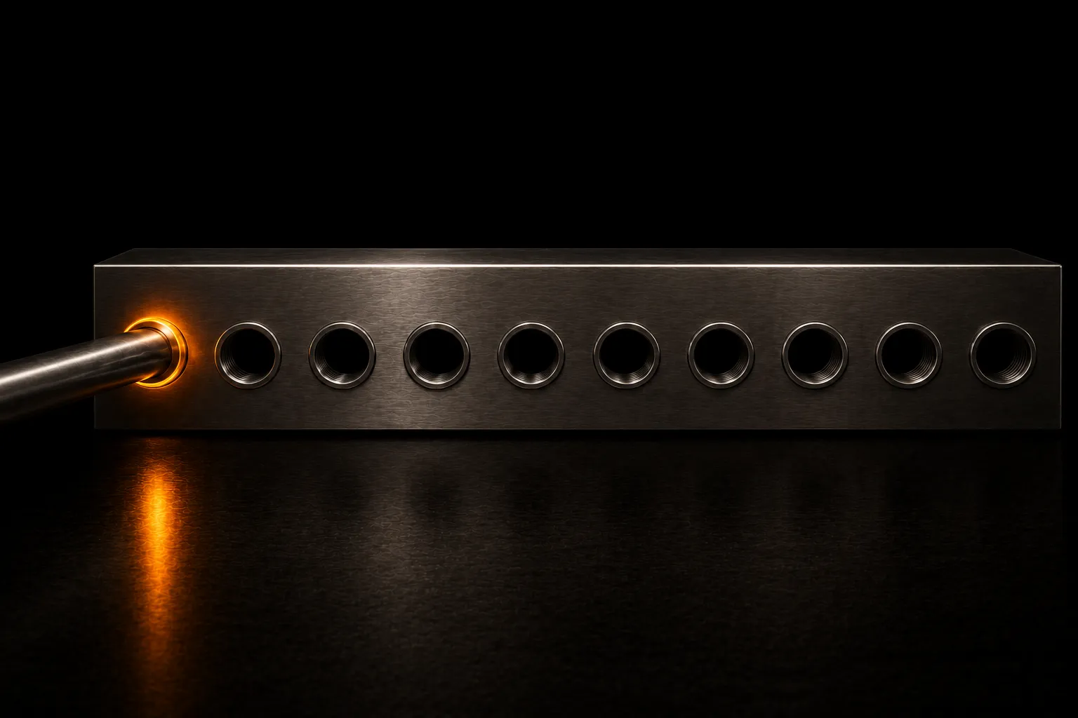 A steel distribution block with a row of empty dark ports and exactly one pipe fitted and glowing warmly.