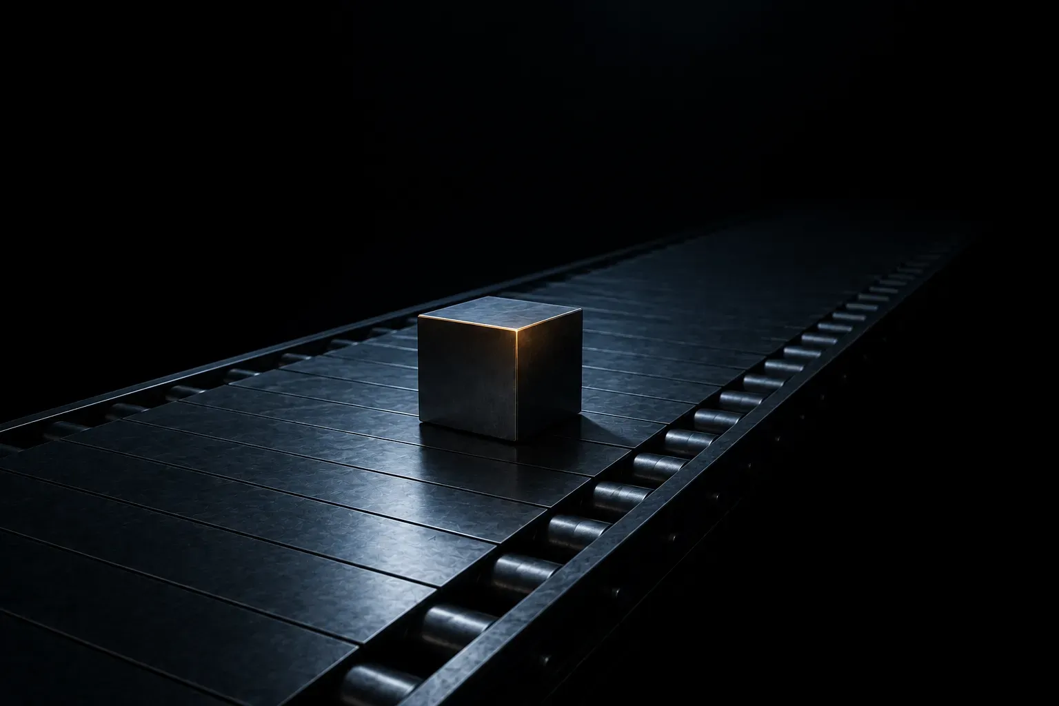 A stopped dark conveyor belt with a single steel block standing still on it