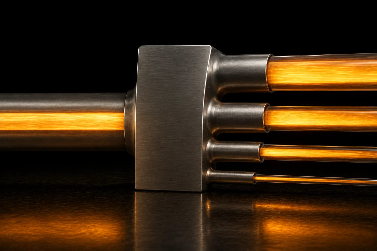 A steel manifold taking one bright flowing pipe on the left and opening into four pipes of different sizes on the right.