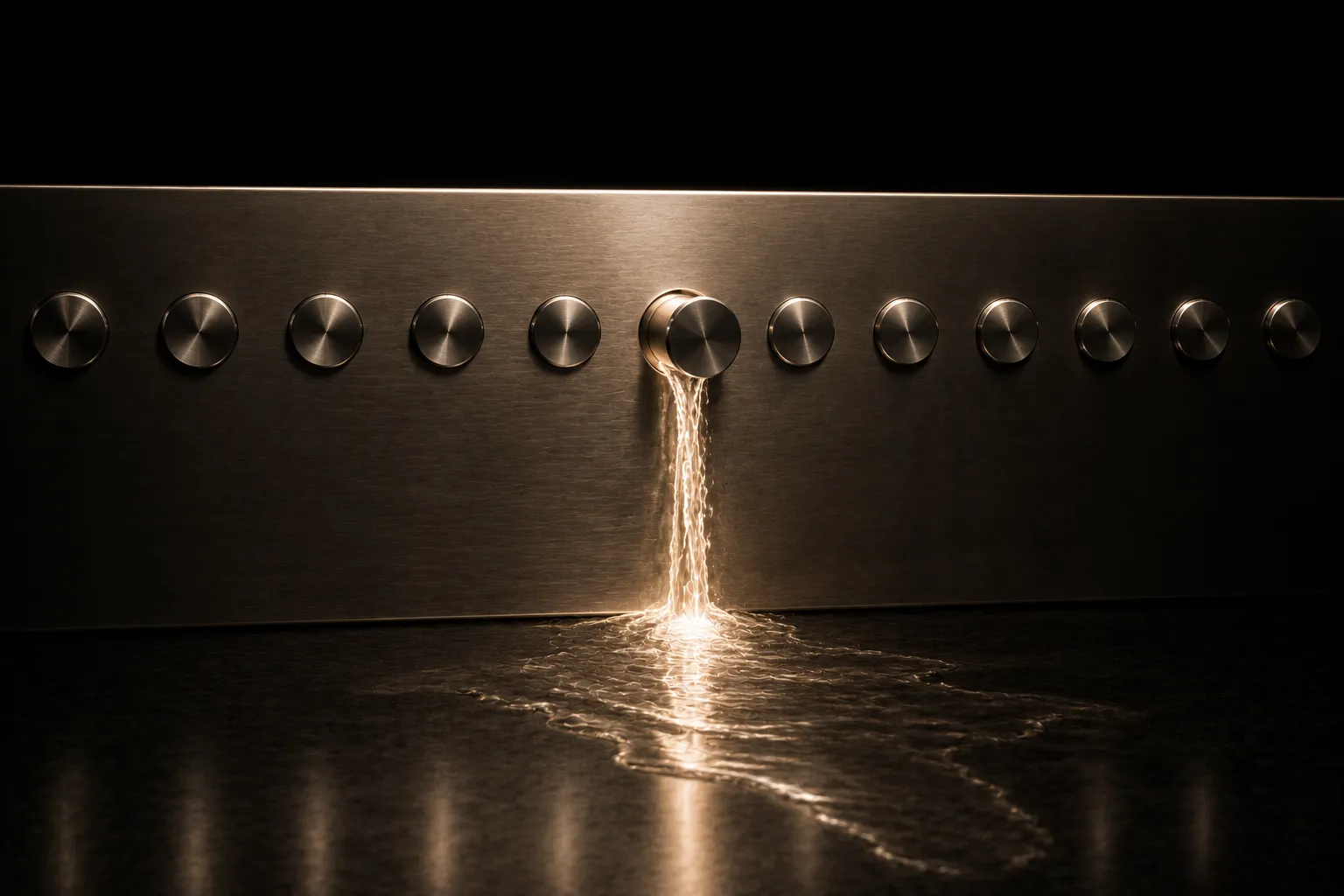 A row of identical steel locking pins seated flush in a wall, with one out of line and a bright stream escaping from the gap it leaves.