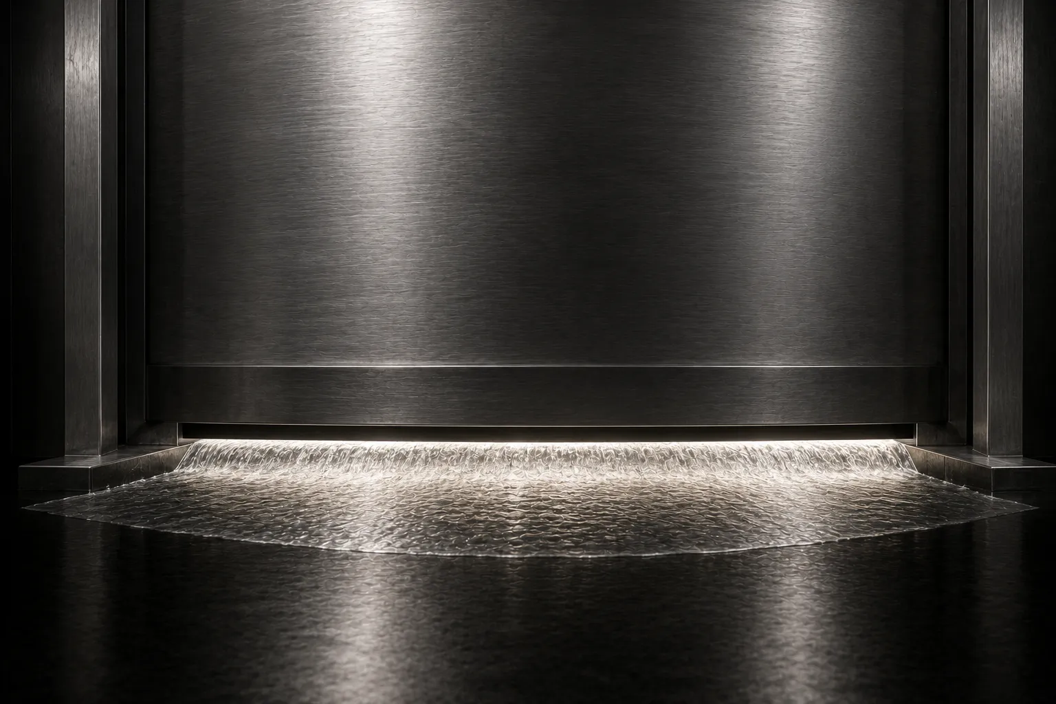 An enormous steel sluice gate raised only a hand's width, letting a thin bright sheet of liquid fan out across a dark floor.