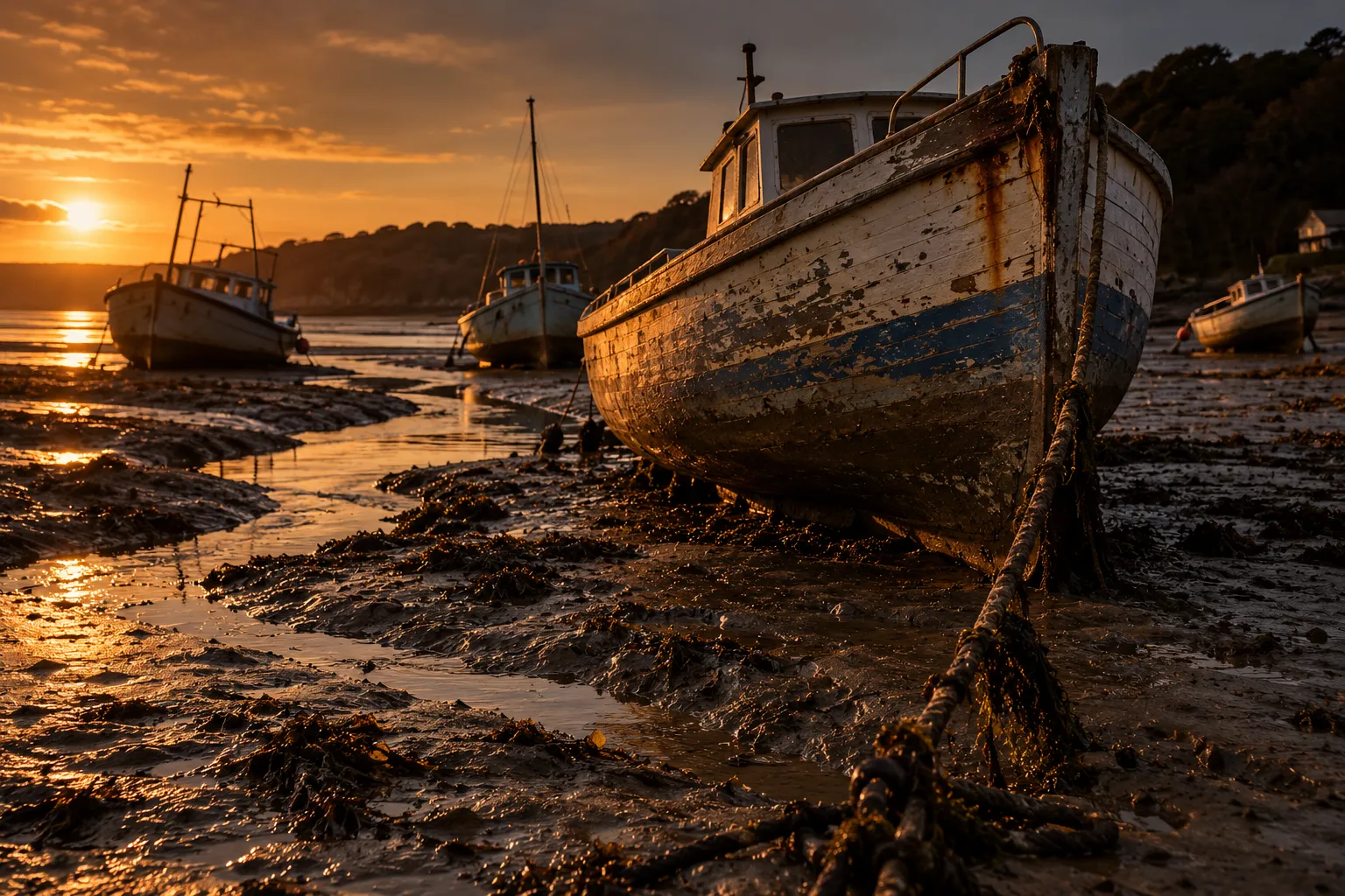 Small unmarked fishing boats grounded on rippled tidal mud at low water, lit by a single low amber sun from the left.