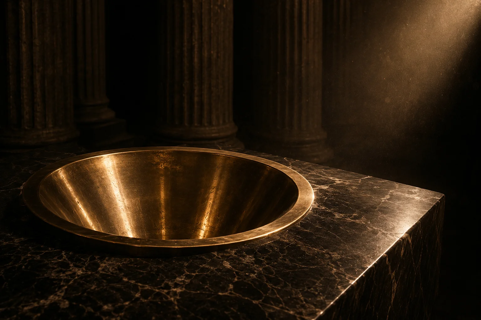 A polished brass funnel set into a slab of dark veined marble in a columned institutional hall, lit by a single warm shaft of light.