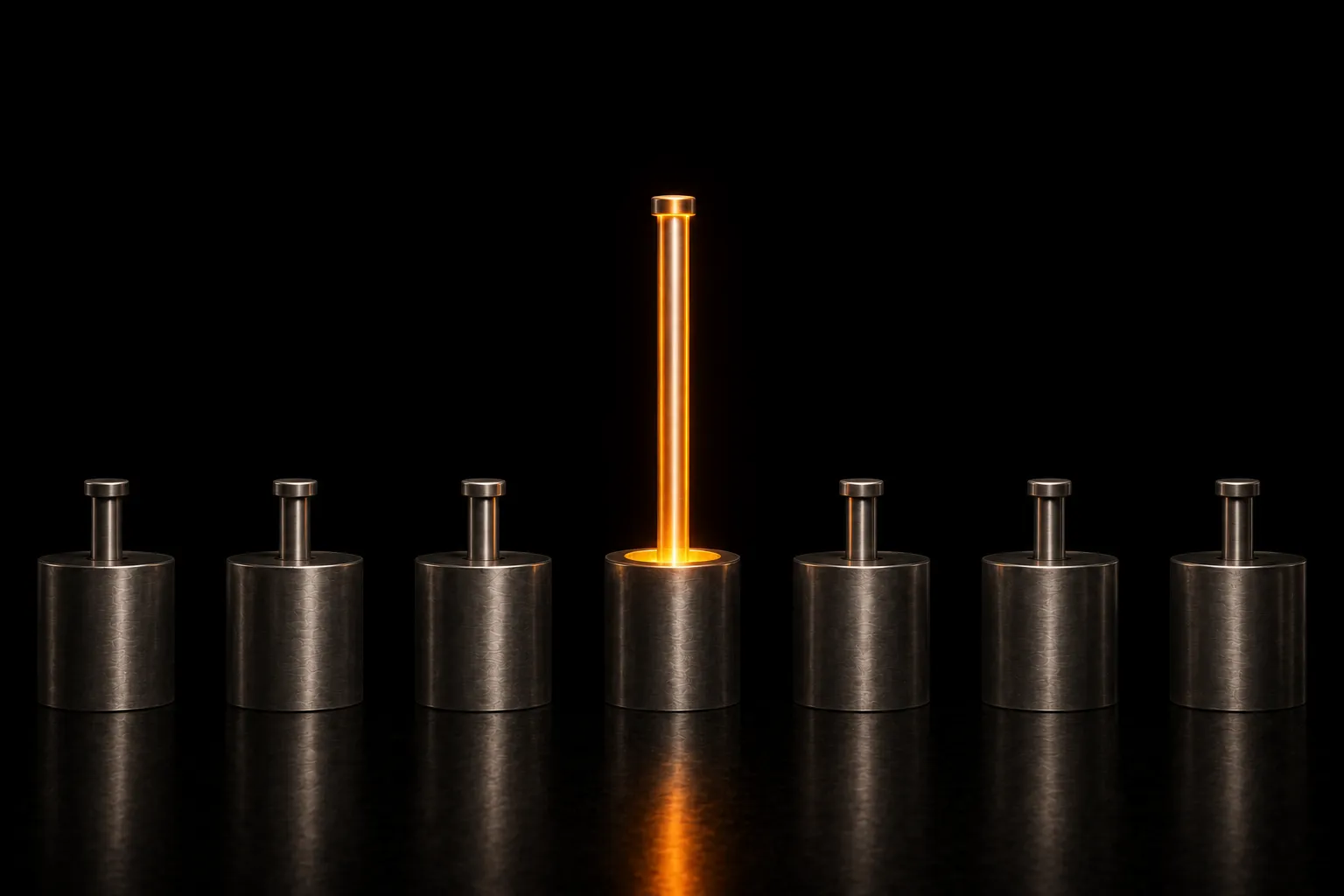 A row of steel cylinders with rods sitting low, and one in the centre driven far up and glowing warmly.