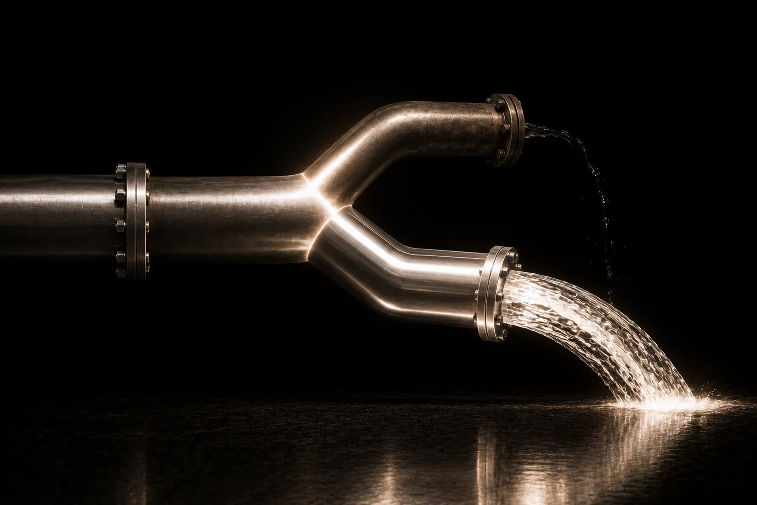 A steel pipe splitting at a Y-junction, the older upper outlet reduced to a dribble while a newly fitted lower outlet carries a strong fast stream.