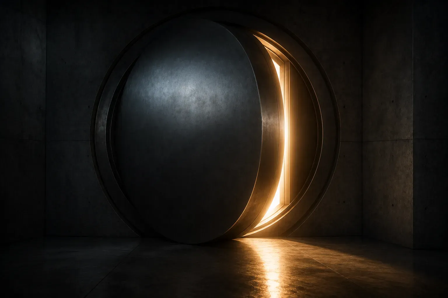A huge circular steel vault door opened a fraction, warm light spilling through the gap