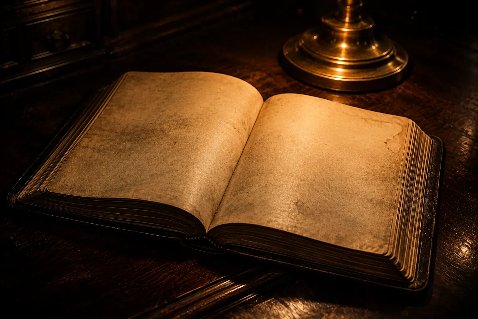 A thick leather-bound ledger lying open with blank aged pages on a dark polished desk under one warm amber lamp