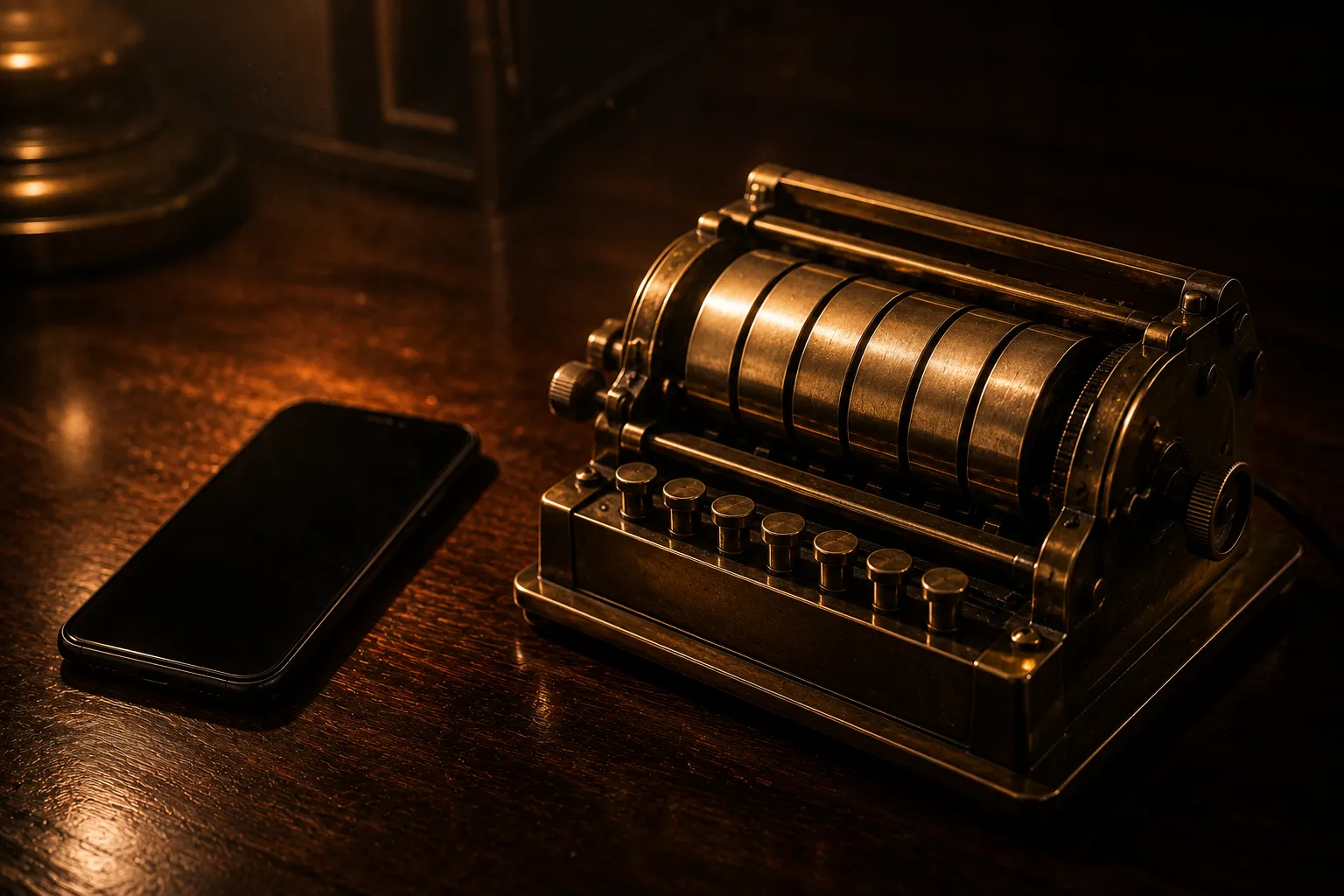 A vintage brass ticker machine with blank print wheels beside a switched-off matte black smartphone on a dark mahogany desk