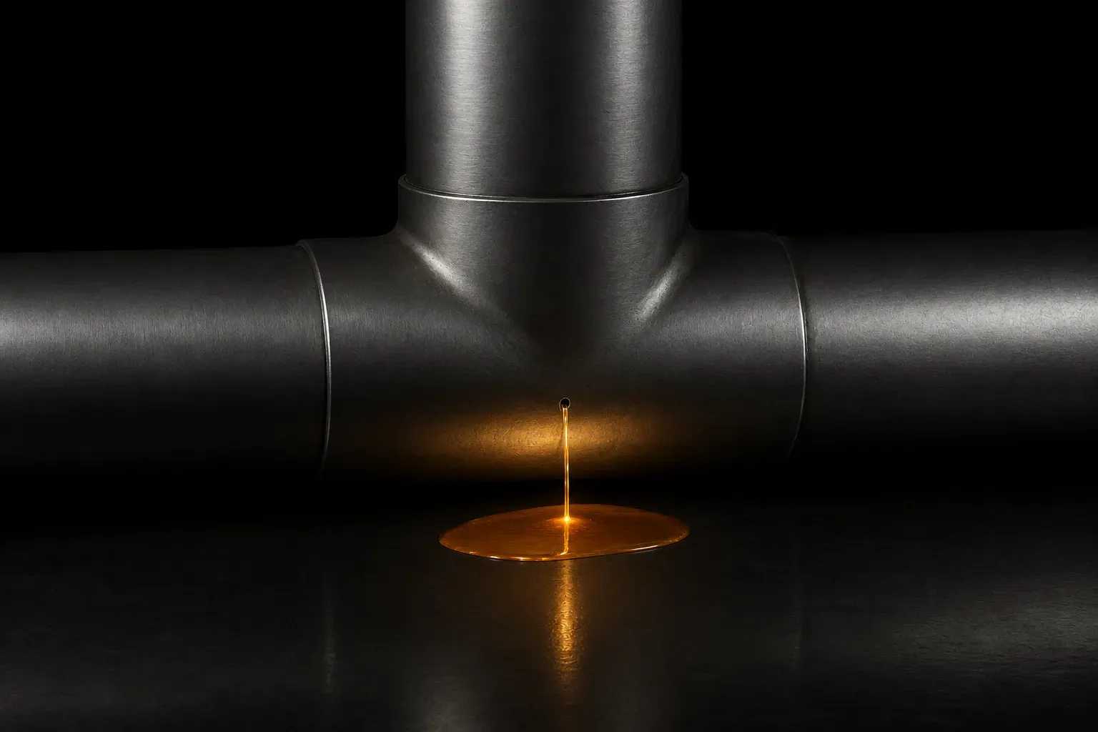 A brushed-steel pipe junction on a dark floor, a thin jet of glowing liquid escaping from a pinhole into a small pool below.