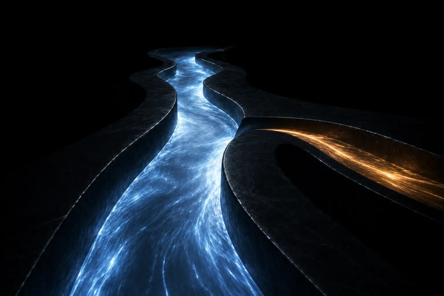A dark stone channel of blue light with a narrower warm channel branching off it