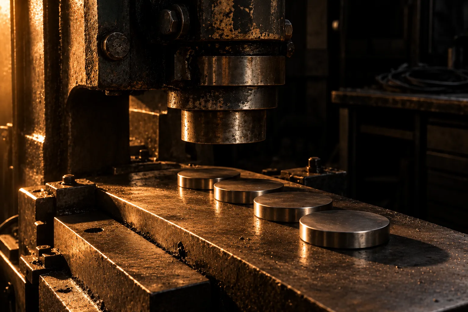 A row of identical blank metal discs on the steel bed of a heavy industrial press, raked by one warm amber light from the left.