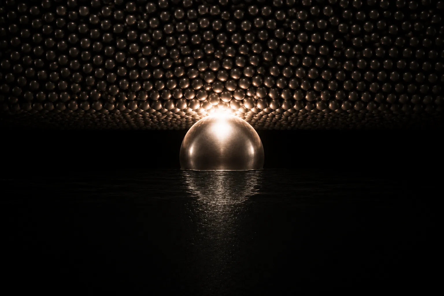 A bright sphere risen through dark water and pressed against the underside of a thick slab made of countless small dark spheres packed together.