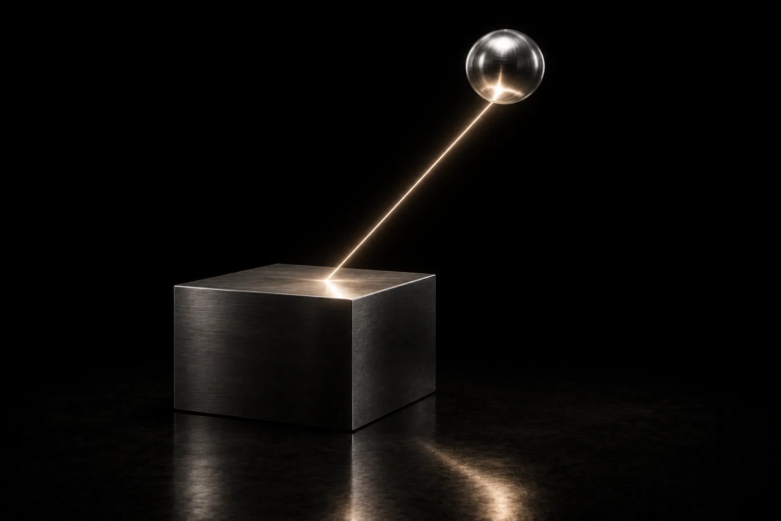 A massive dark steel block on a polished floor, tethered by a single glowing filament to a small bright hollow sphere floating above it.