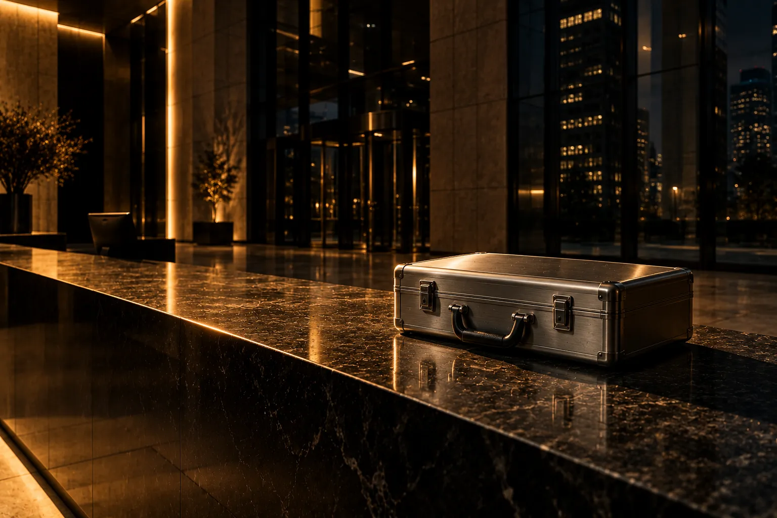 An empty financial-tower lobby at night with a single plain brushed-steel case closed on a dark stone reception counter, lit from above left by one amber source.